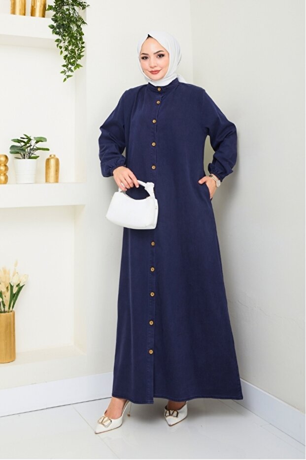 Ziyer Buttoned Denim Dress 1498 - Navy Blue