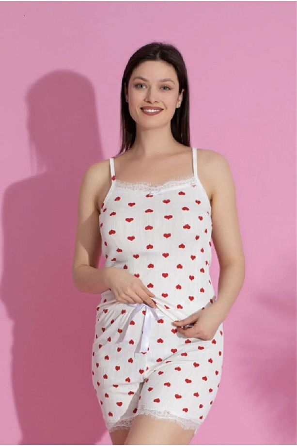 Kalpli Kısa Kollu Pamuklu Yumuşacık Şort Pijama Takımı - 2