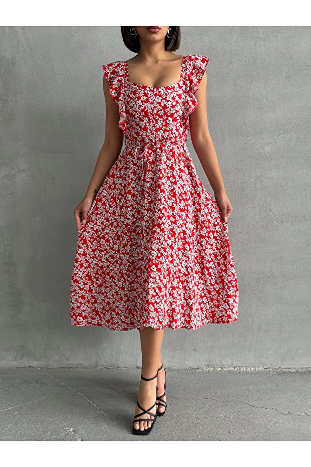 Women's Red Floral Patterned Summer Woven Dress with Ruffle Detail