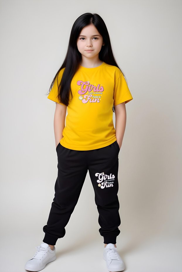 Girl's Round Neck Printed Girls Fun Lower-Top Pjamas Suit