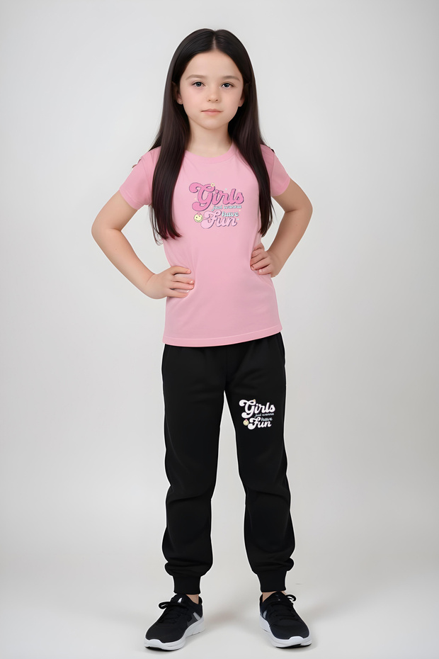 Girl's Round Neck Printed Girls Fun Lower-Top Pjamas Suit