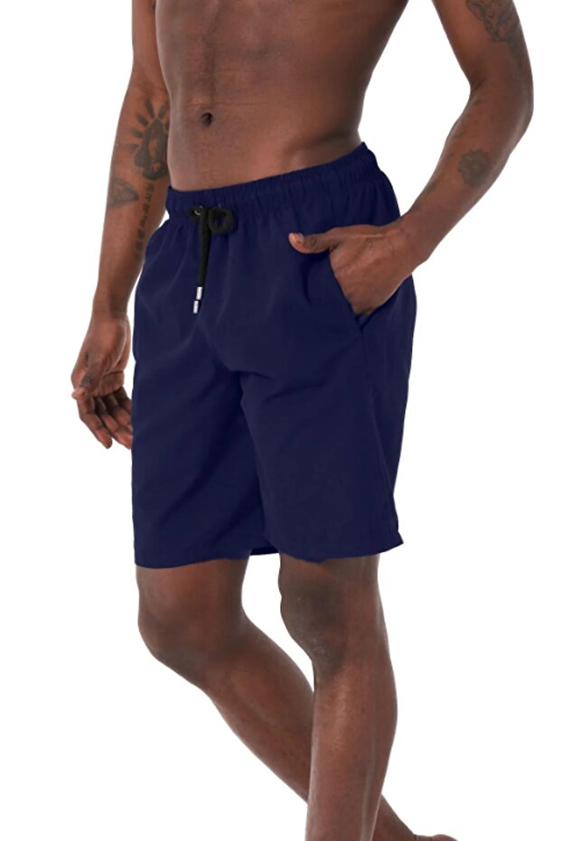 شورت سباحة للرجال باللون الأزرق الداكن طراز أساسي طويل الطول ومقاوم للماء بلون موحد - 2206-أزرق داكن