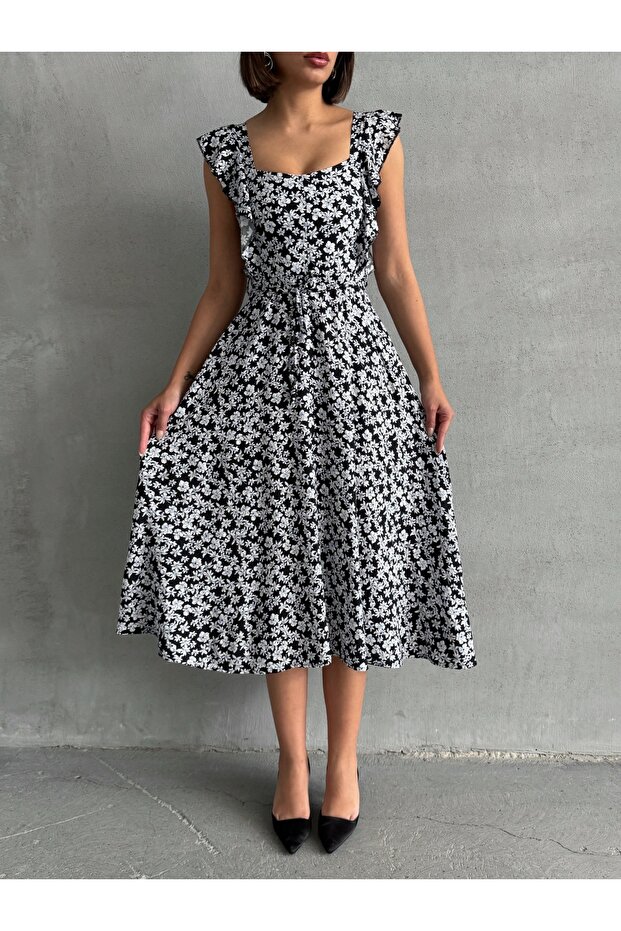 Women's Black Floral Patterned Summer Woven Dress with Ruffle Detail
