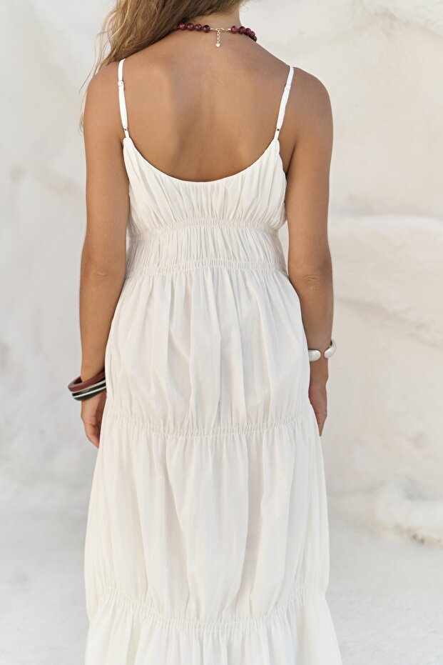 Dozza Askılı Ekru Uzun Elbise - 5
