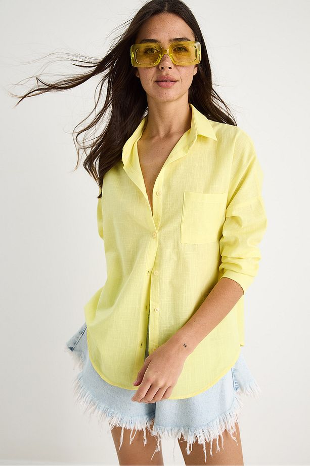 Kadın Tek Cepli Oversize Keten Gömlek 25626 60284054 - 5