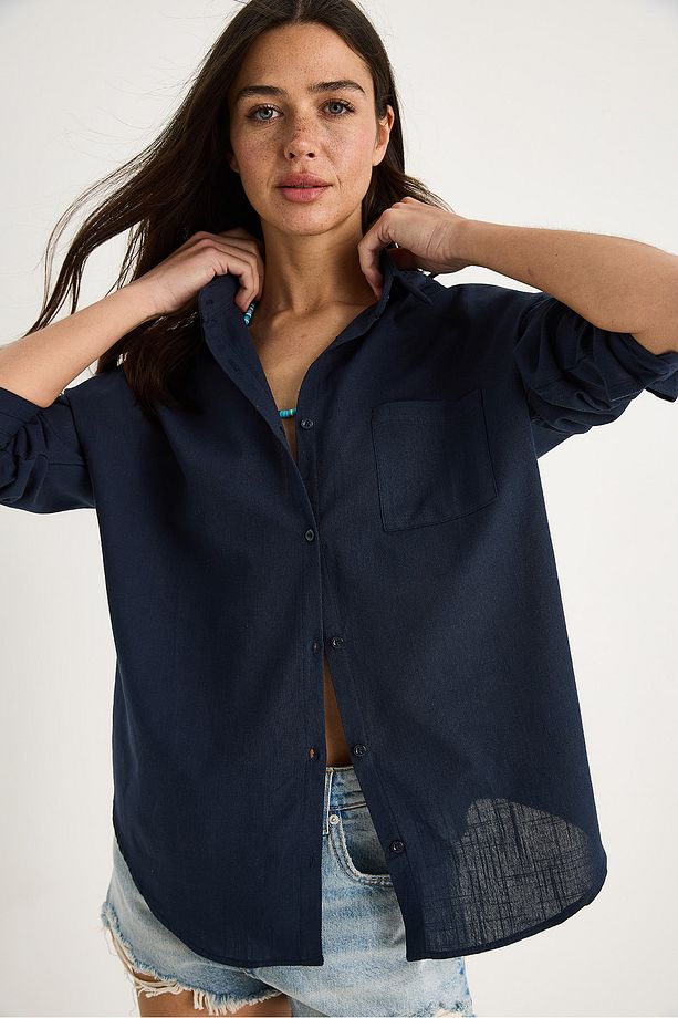 Kadın Tek Cepli Oversize Keten Gömlek 25626 60284054 - 5