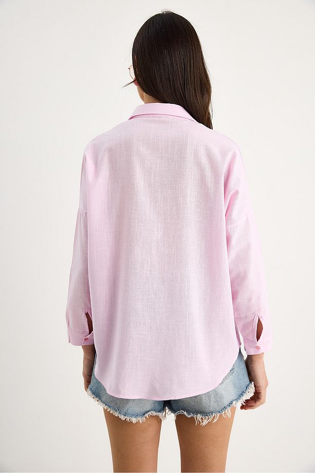 Kadın Tek Cepli Oversize Keten Gömlek 25626 60284054 - 6
