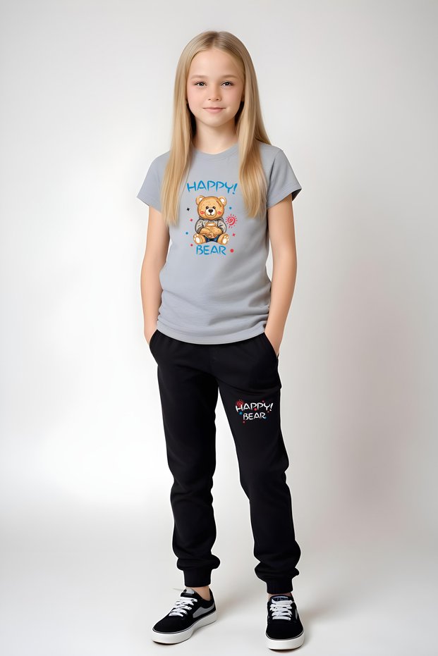 Girl's Printed Happy Bear Waist Detail Elastic Bottom Pjama Suit