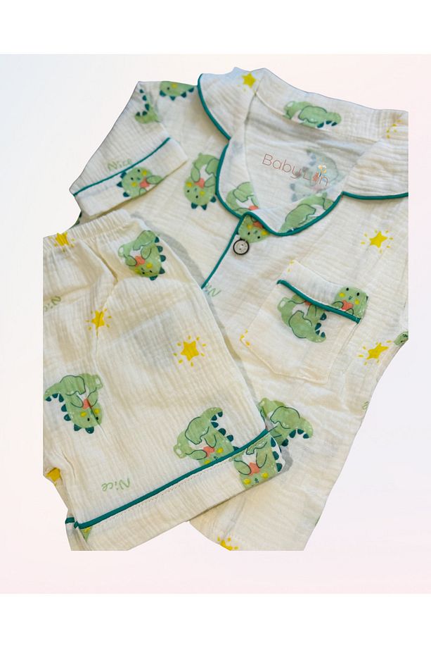 Müslin Kumaş %100 Pamuk Çocuk Pijama Takımı Sevimli Dinazor Desenli 100-110CM 3,5-5 Yaş / Kısa Kollu - 4