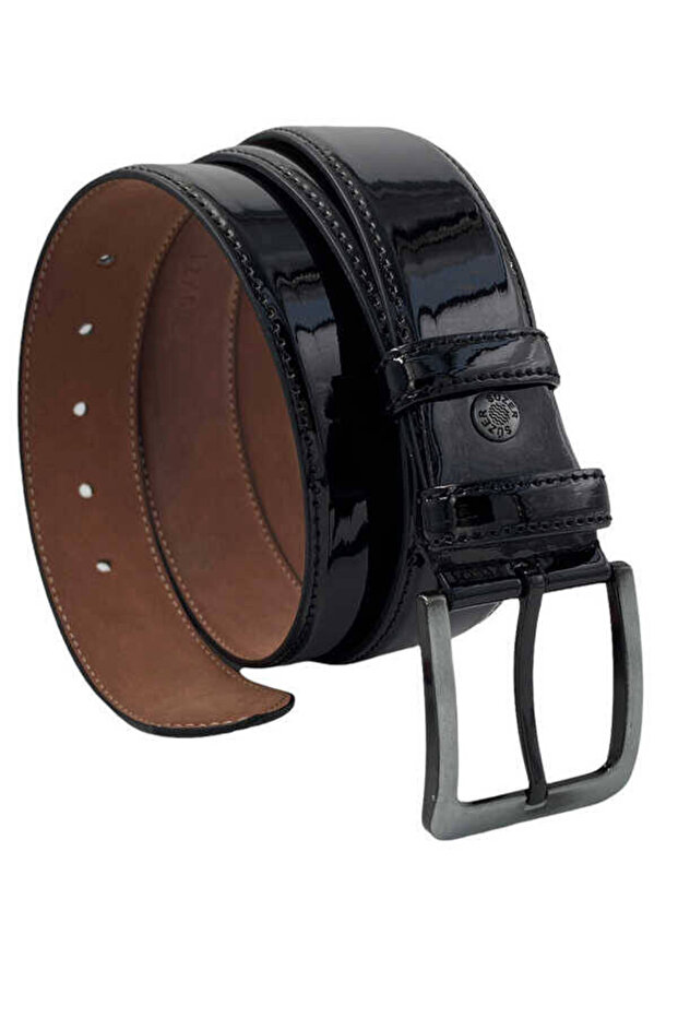 Black Patent Leather Faux Leather Stitched 4 cm Classic Belt - 7400-90-22Y