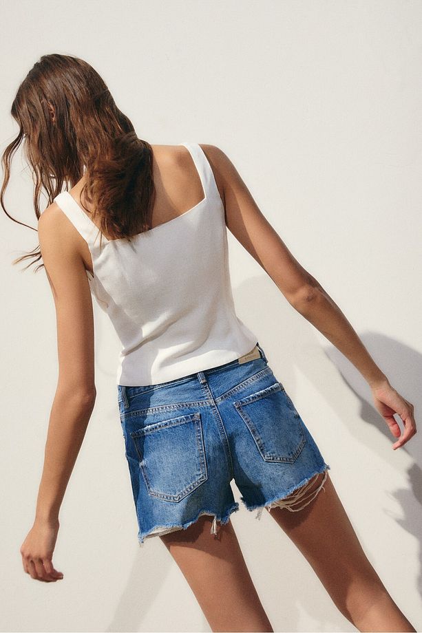 D75 Distressed denim şort - 3