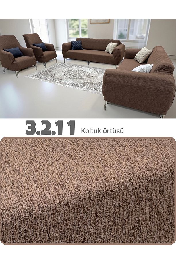 Streç Lastikli Esnek Yıkanabilir Pamuklu 3+2+1+1 Jakarlı Koltuk Örtüsü Takımı Koltuk Kılıfı - 1