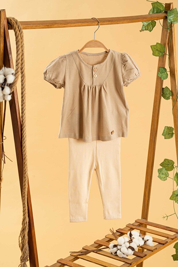 Baby Kids Beige Cotton Tights 2-Piece Set Trend Fashion Bottom Top Set