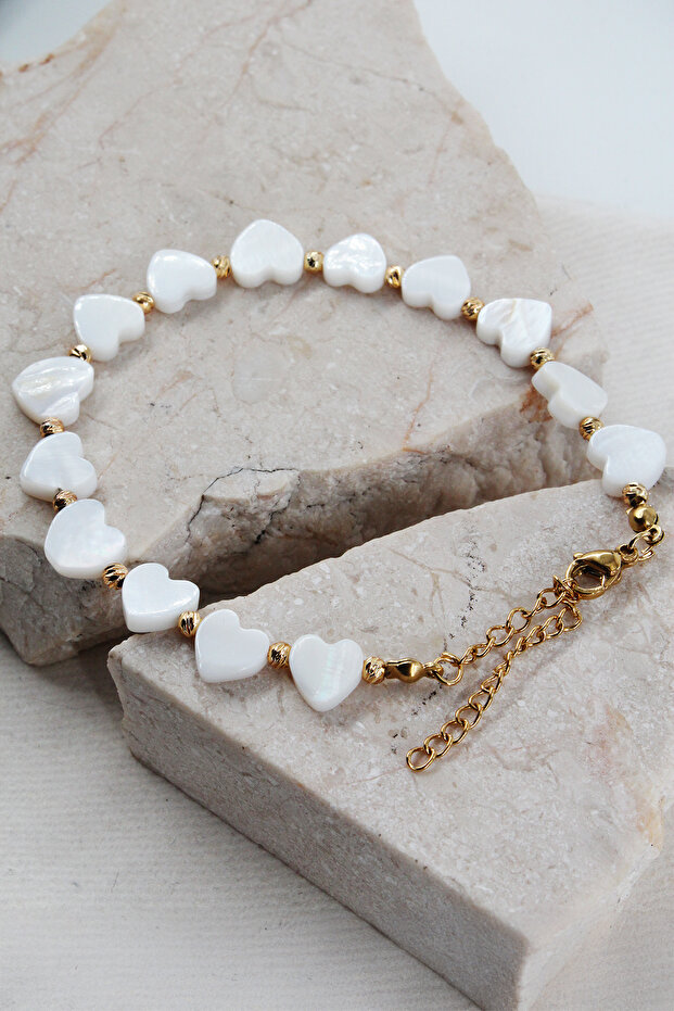 Natural Stone Mother-Of-Pearl Stone Gold Detailed Adjustable Bracelet Suitable for Any Wrist Elegant and Stylish