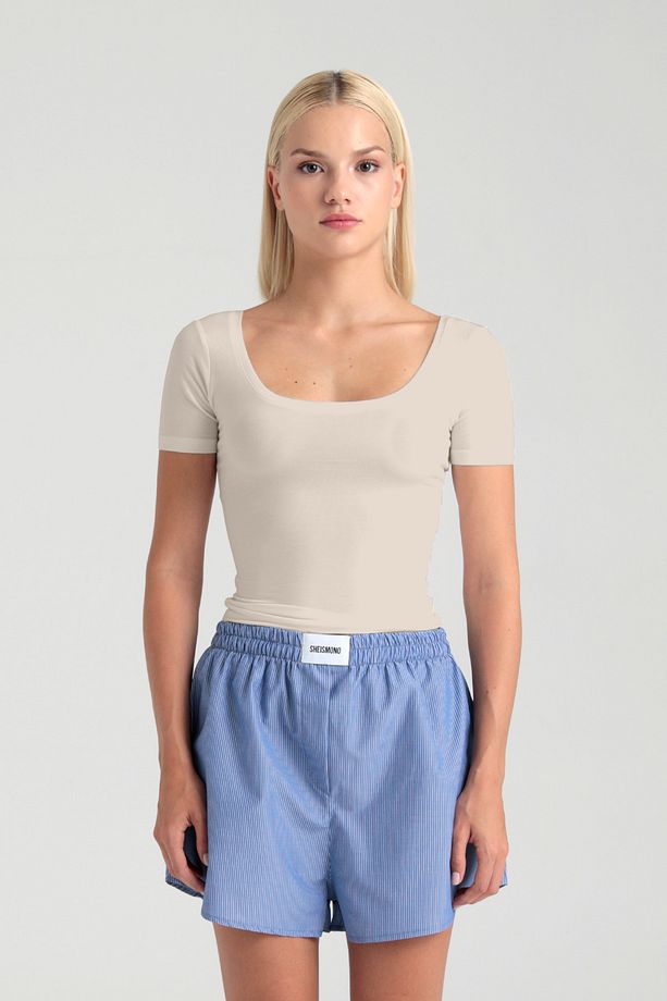 Ultra Soft Oval Yaka Kısa Kol Bluz Bej - 1