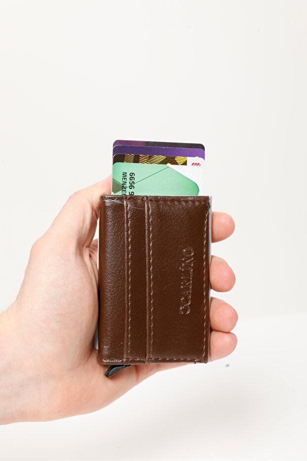 Men's Brown Smart Credit Card Holder with Automatic Mechanism 10 Card Capacity