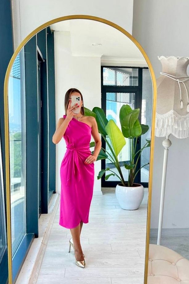 Pembe Tek Kol Saten Midi Elbise - 4
