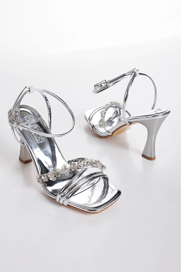 Stoned Women's Thin Heeled Evening Shoes Silver