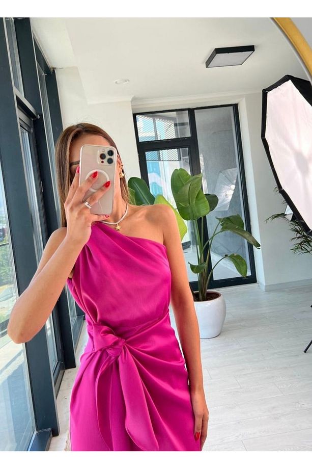 Pembe Tek Kol Saten Midi Elbise - 5