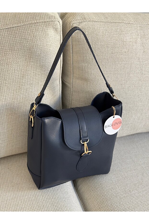 Front Hook and Ring Detail Medium Size Navy Blue Women's Shoulder Bag En25 Boy25