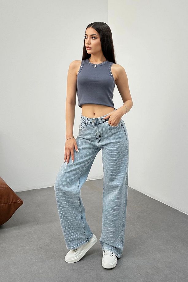 Kadın Buz Mavi Yüksek Bel Mini Taşlı Likralı Straight Jean - 7