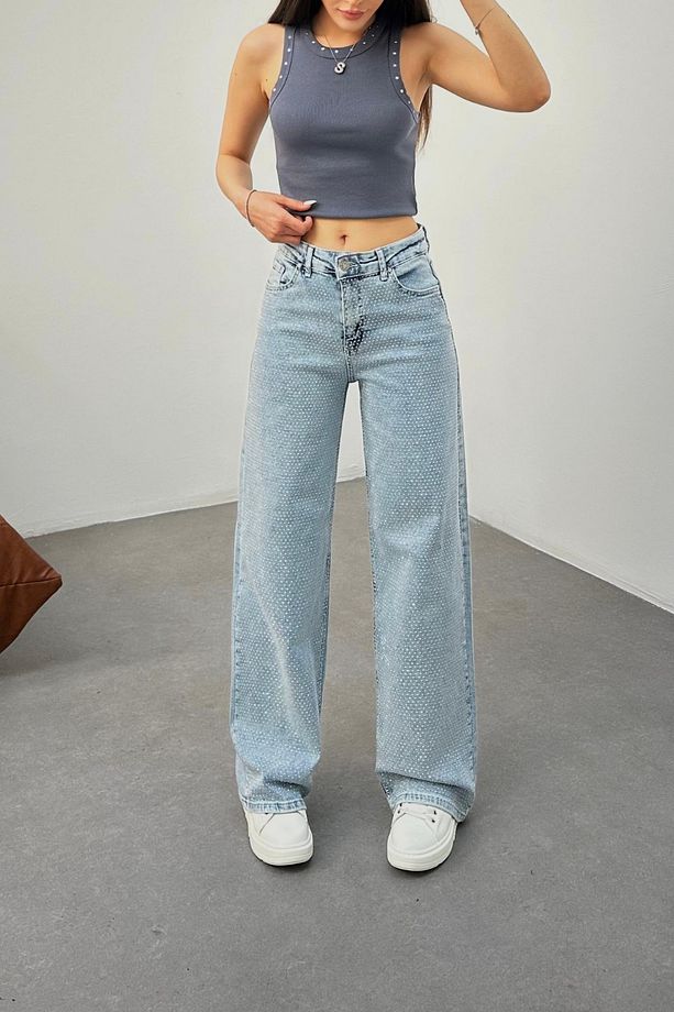 Kadın Buz Mavi Yüksek Bel Mini Taşlı Likralı Straight Jean - 4