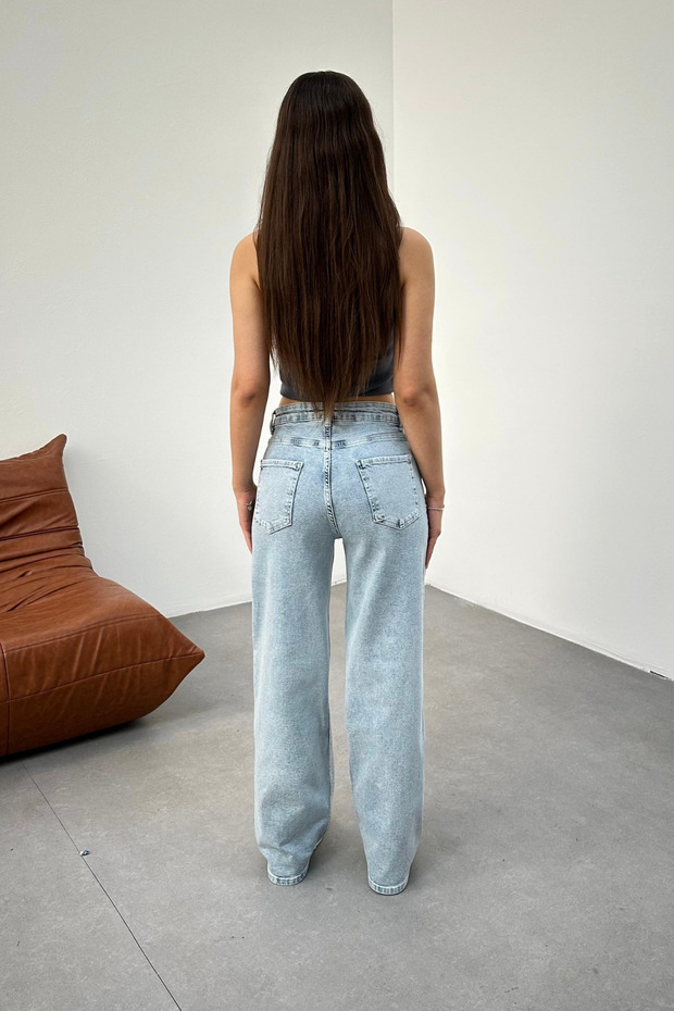 Kadın Buz Mavi Yüksek Bel Mini Taşlı Likralı Straight Jean - 5