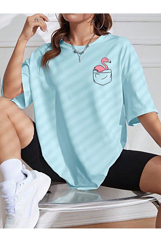 Women's Tiny Flamingo Printed Crew Neck Relaxed Cut T-Shirt