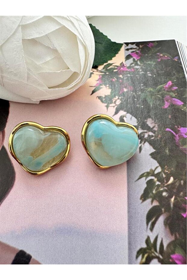 Green Variegated Stone Heart Steel Earrings