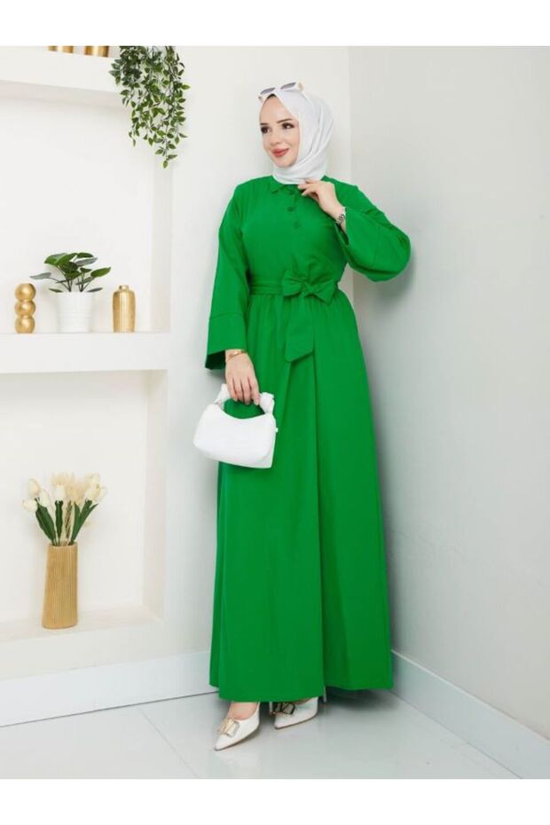 Bow Detail Asymmetrical Closure Modest Long Dress