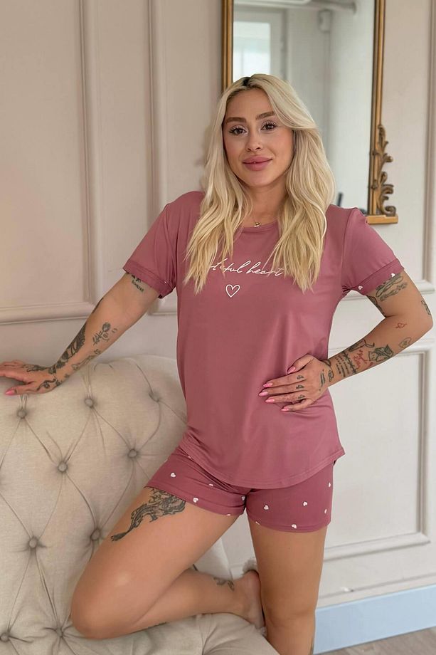 Pudra Grateful Heart Desenli Bambu Kısa Kol Kadın Şortlu Pijama Takımı - 5