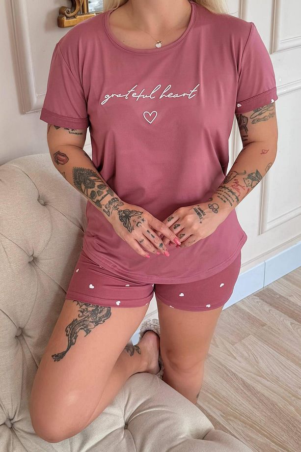 Pudra Grateful Heart Desenli Bambu Kısa Kol Kadın Şortlu Pijama Takımı - 6