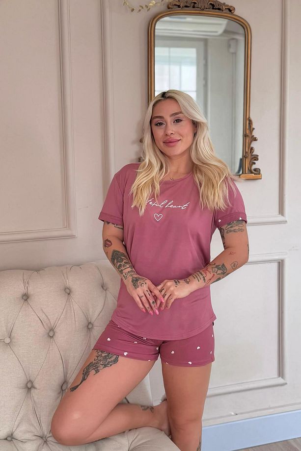 Pudra Grateful Heart Desenli Bambu Kısa Kol Kadın Şortlu Pijama Takımı - 4