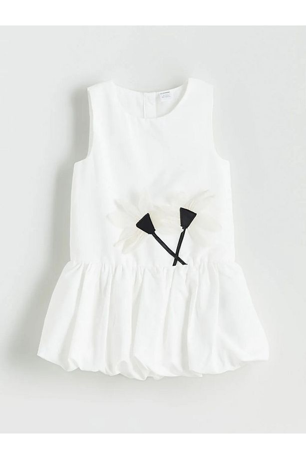 LCW Kids Ekru Çiçek Aplikeli Kız Çocuk Poplin Elbise - 4