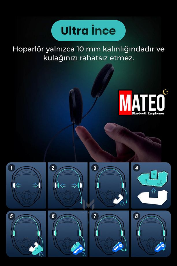 Kask İçi Kulaklık İntercom | RGB Işıklı | Mikrofon | Gürültü Engelleme | Tüm Kasklara Uyumlu - 8