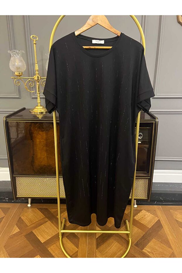 Taş işlemeli cepli modal elbise / Büyük beden - 1