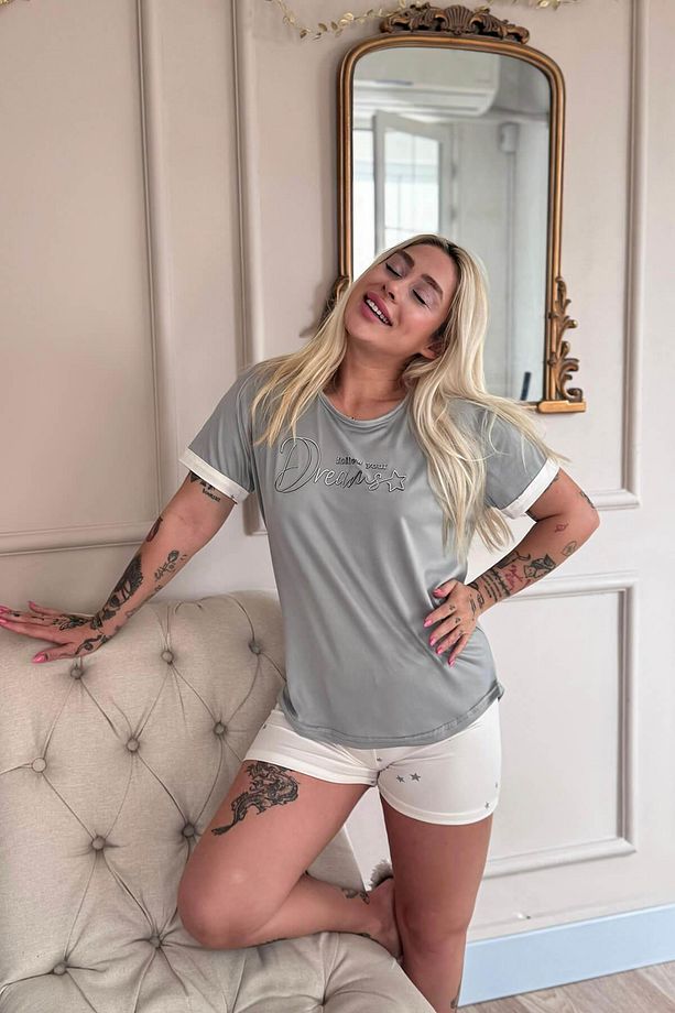 Ekru Dreams Desenli Bambu Kısa Kol Kadın Şortlu Pijama Takımı - 4