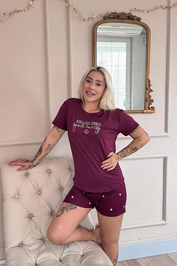 Mürdüm Good Energy Desenli Bambu Kısa Kol Kadın Şortlu Pijama Takımı - 5
