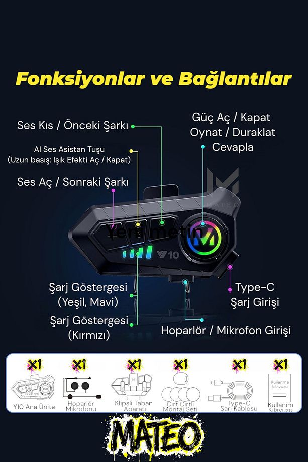 Kask İçi Kulaklık İntercom | RGB Işıklı | Mikrofon | Gürültü Engelleme | Tüm Kasklara Uyumlu - 4