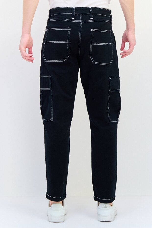 Men Regular Fit Solid Stretchable Cargo Jeans, Black - 3