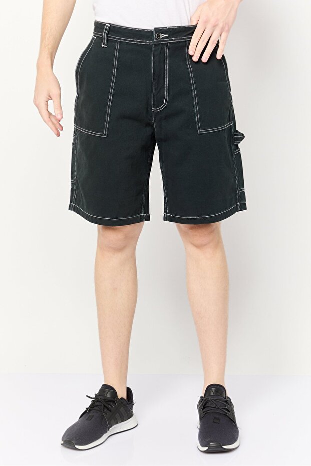 Men Plain Basic Shorts, Dark Green - 1