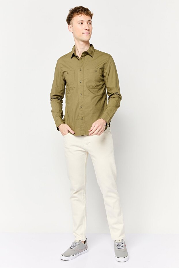 Men Regular Fit Solid Long Sleeves Casual Shirt, Khaki - 2