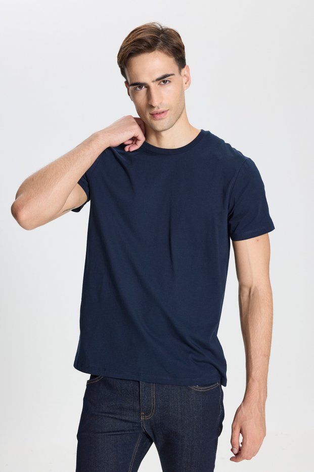 Cotton Slim Fit Slim Fit Crew Neck Navy Blue T-Shirt