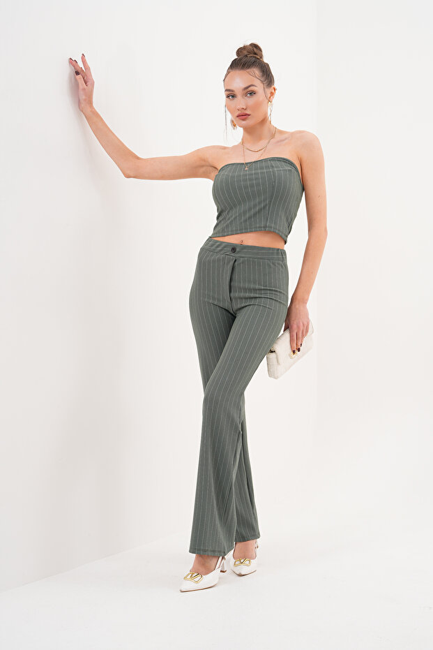 Khaki Green Women's Grass Striped Bottom Top Set