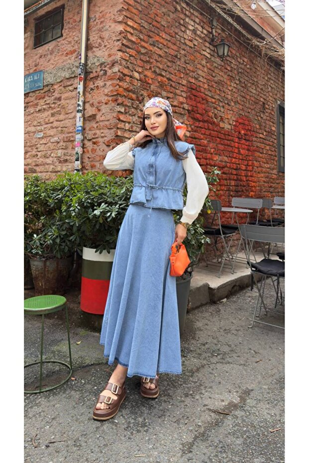 Denim Belt Detailed Vest Dress Suit Light Blue