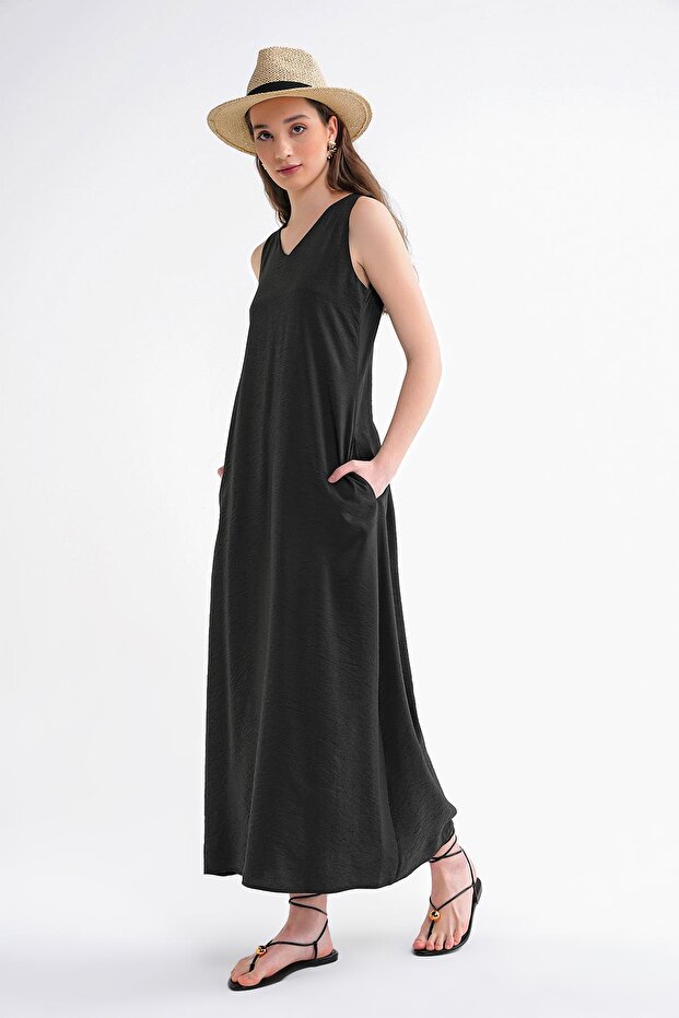 4694 Kadın Cepli V Yaka Uzun Basic Elbise Siyah - 4