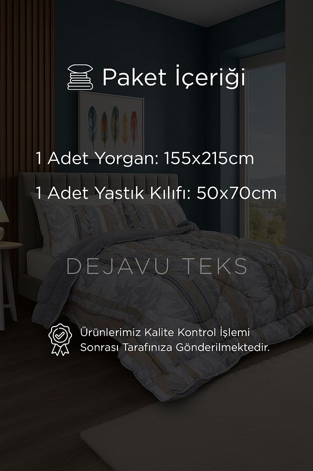 Tek Kişilik Welsoft Yorgan Seti + 2 Yastık Kılıfı | Pamuklu Yaprak Desen Çift Taraflı Yorgan Takımı - 2