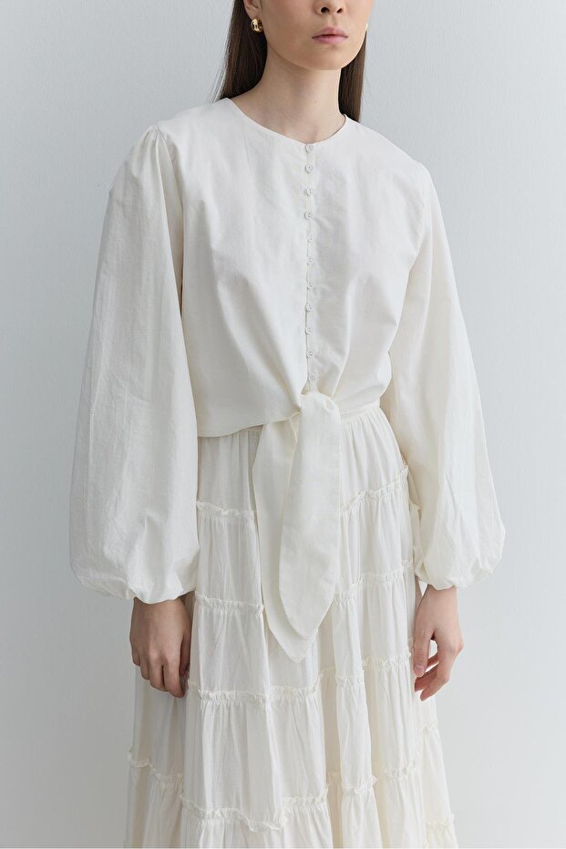 Brit Düğmeli Üst Beyaz - 5