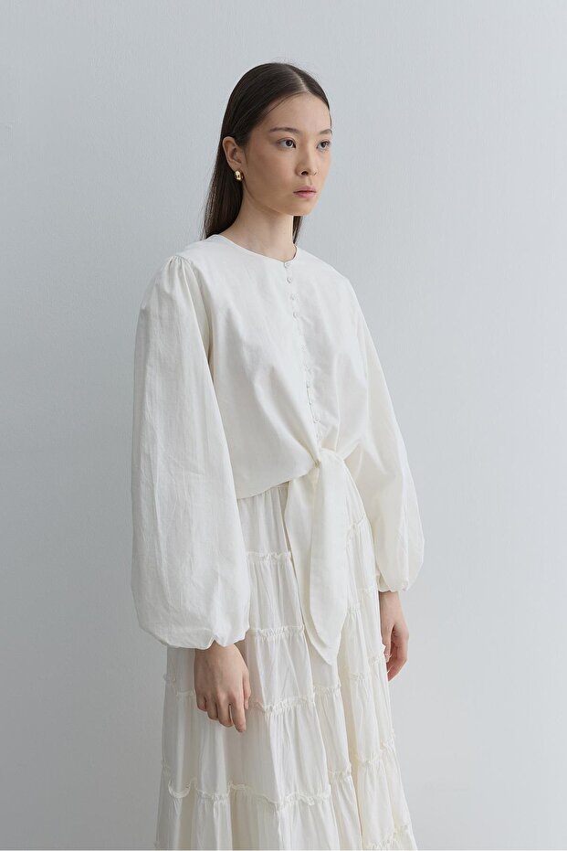 Brit Düğmeli Üst Beyaz - 3