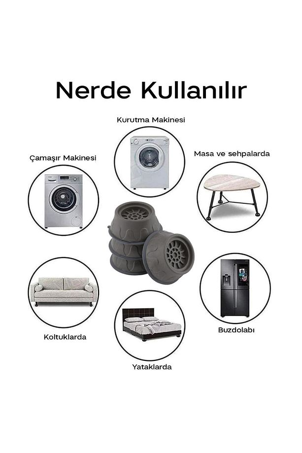 Çamaşır Makinesi Kurutma Titreşim Gürültü Önleyici Yükseltici Ayak Denge Ayağı Kaydırmaz Gri 8 ADET - 3